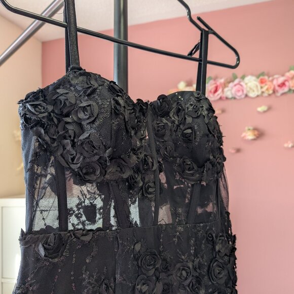 Size Small Black Corset Gown with 3D Floral Embellishments - Picture 1 of 11